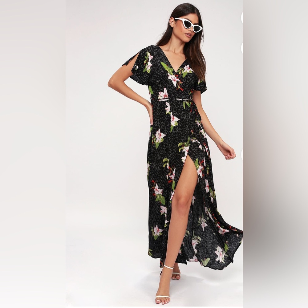 Lulus heart of Marigold Black Tropical Print Wrap Maxi Dress